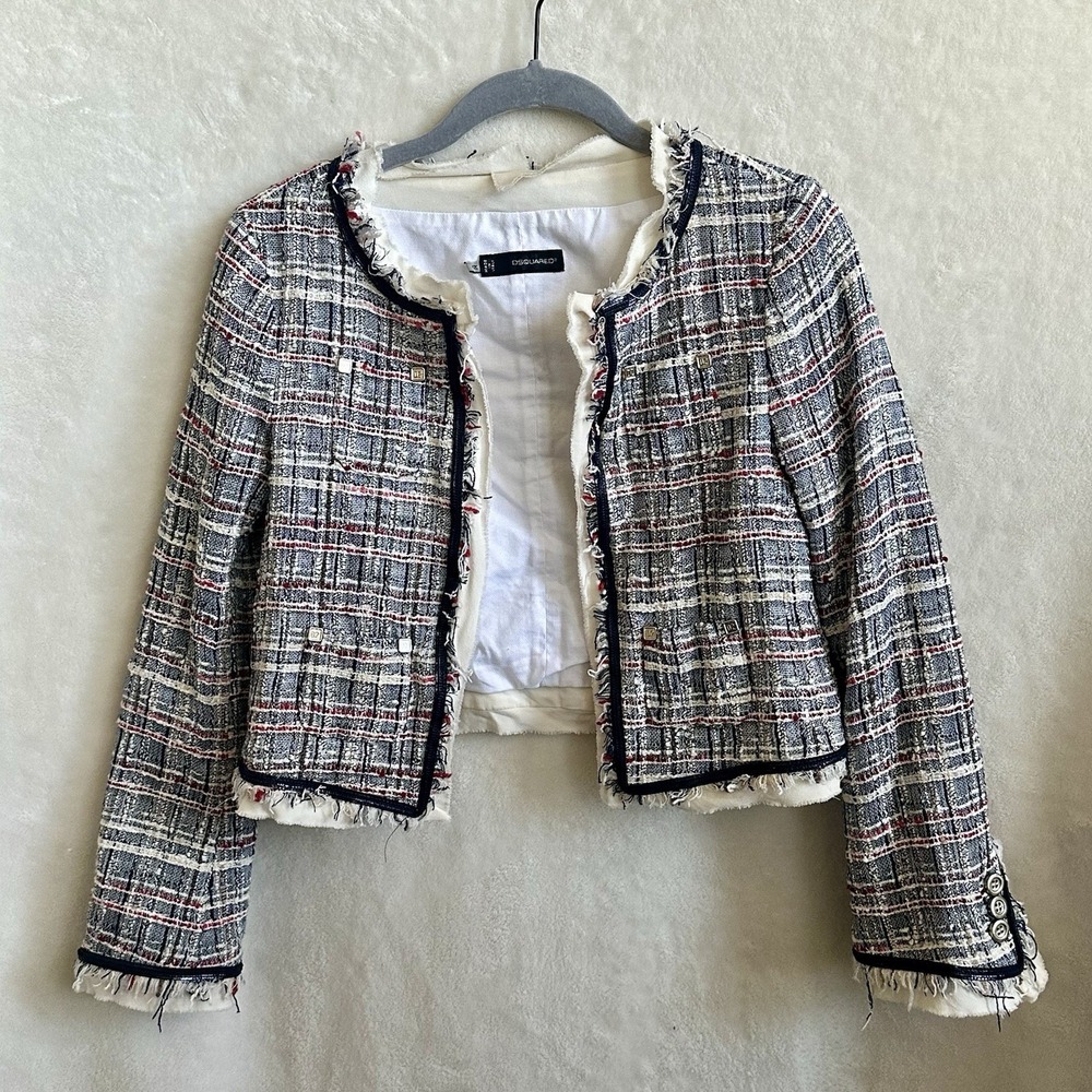 Dsquared2 Navy White Red Tweed Boucle Fringe Trim Cropped Jacket IT 42